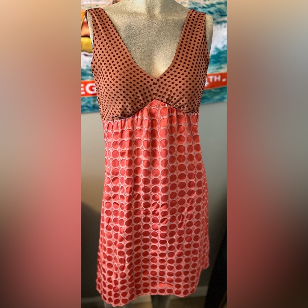 The Limited Copper Brown Pink Polka Dot Empire Tie Back Dress 4 Silk Blend